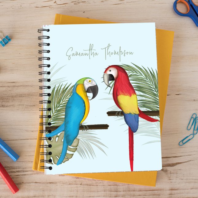 Cute Fun Typography Tropical Personalized Notebook (Colorful Whimsical watercolor perky parrots notebook.)