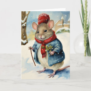 Cute Fun Watercolor Christmas Mouse  Holiday Card