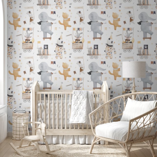 Cute Fun Watercolor Safari Animals Circus Nursery Wallpaper (Kids)