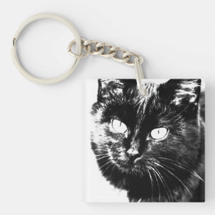 Cute Funky Black Cat Kitten Eyes Sketch Keychain