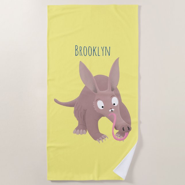 Cute funny aardvark cartoon beach towel (Front)