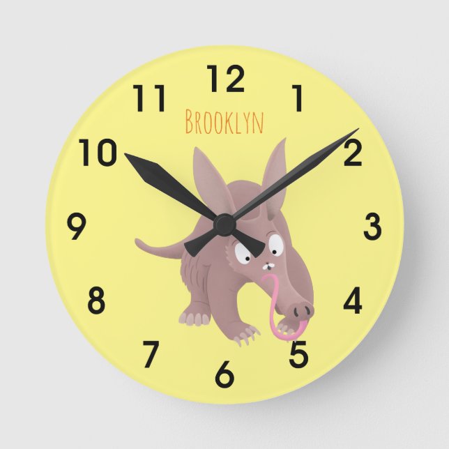 Cute funny aardvark cartoon round clock (Front)