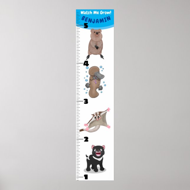 Cute funny Australian animals cartoon growth chart (Front)