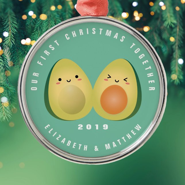 Cute Funny Avocado Couple First Christmas Together Metal Ornament (Creator Uploaded)