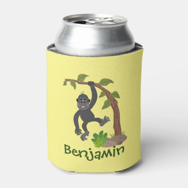 Cute funny baby gorilla cartoon illustration can cooler (Can Front)