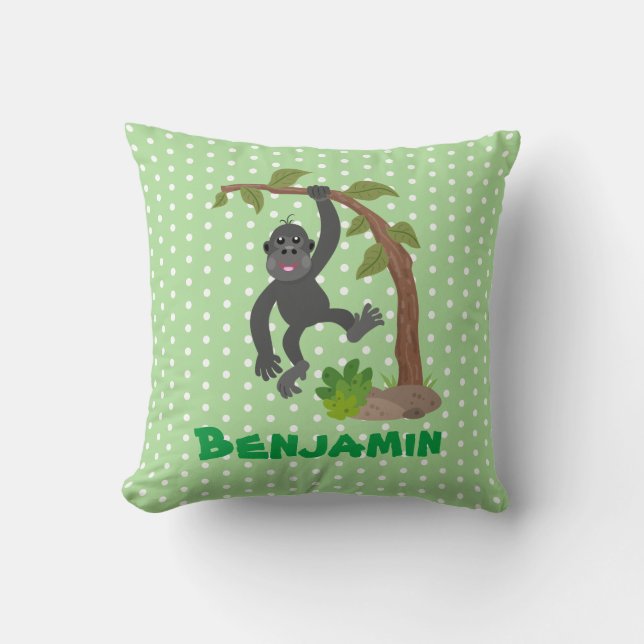 Cute funny baby gorilla cartoon illustration throw pillow (Front)