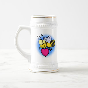 Cute funny bee with heart cartoon illustration beer stein
