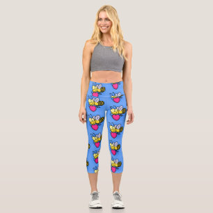 Cute funny bee with heart cartoon illustration capri leggings
