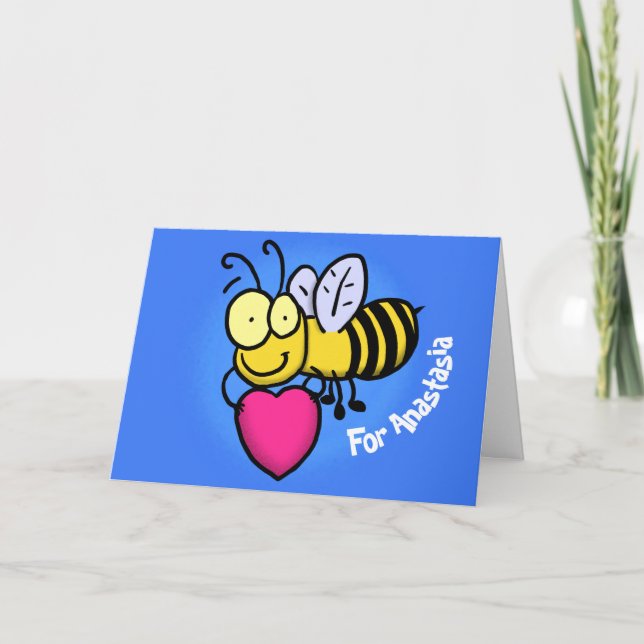 Cute funny bee with heart cartoon illustration card (Front)