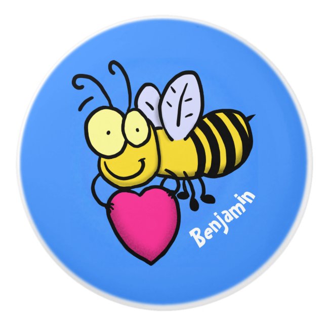 Cute funny bee with heart cartoon illustration ceramic knob (Front)