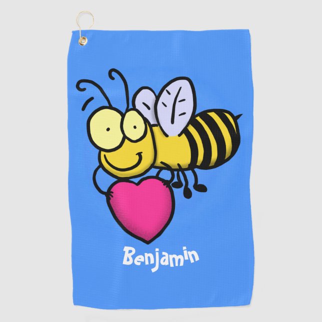 Cute funny bee with heart cartoon illustration golf towel (Front)