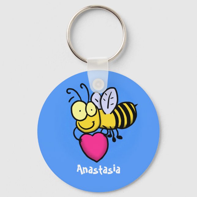 Cute funny bee with heart cartoon illustration keychain (Front)
