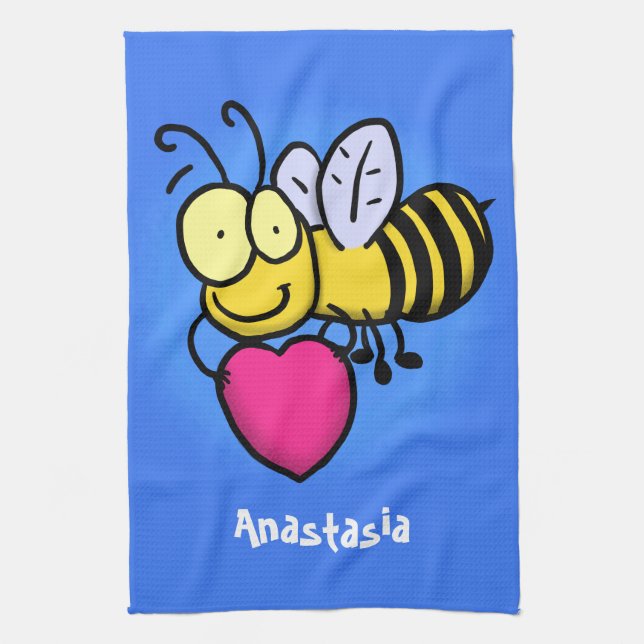 Cute funny bee with heart cartoon illustration kitchen towel (Vertical)