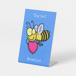 Cute funny bee with heart cartoon illustration pedestal sign