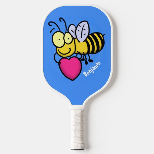 Cute funny bee with heart cartoon illustration pickleball paddle (Front)