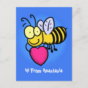 Cute funny bee with heart cartoon illustration postcard