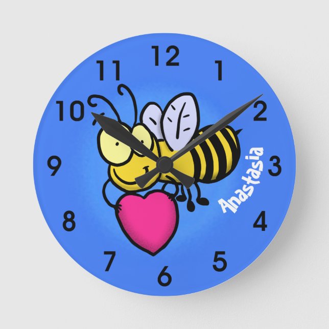 Cute funny bee with heart cartoon illustration round clock (Front)