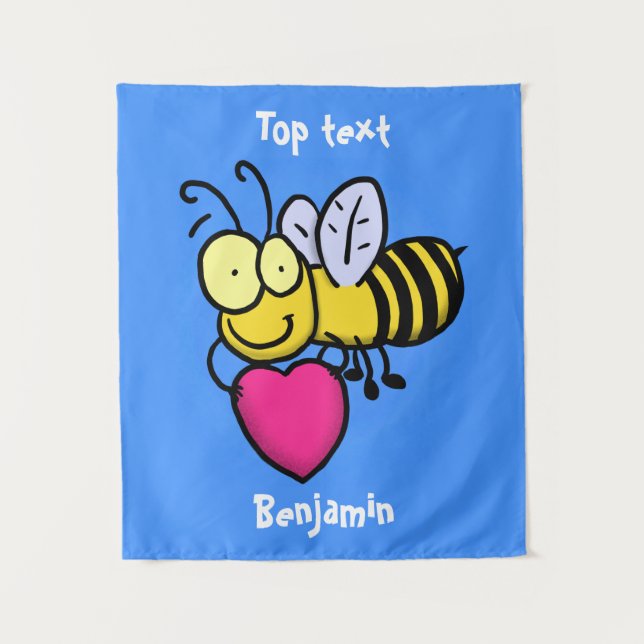 Cute funny bee with heart cartoon illustration  tapestry (Front)