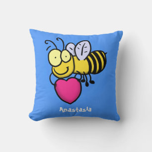 Cute funny bee with heart cartoon illustration throw pillow
