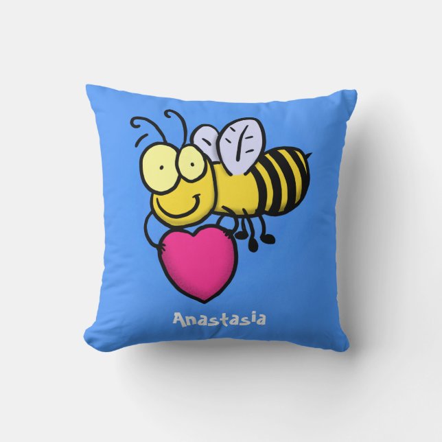 Cute funny bee with heart cartoon illustration throw pillow (Front)