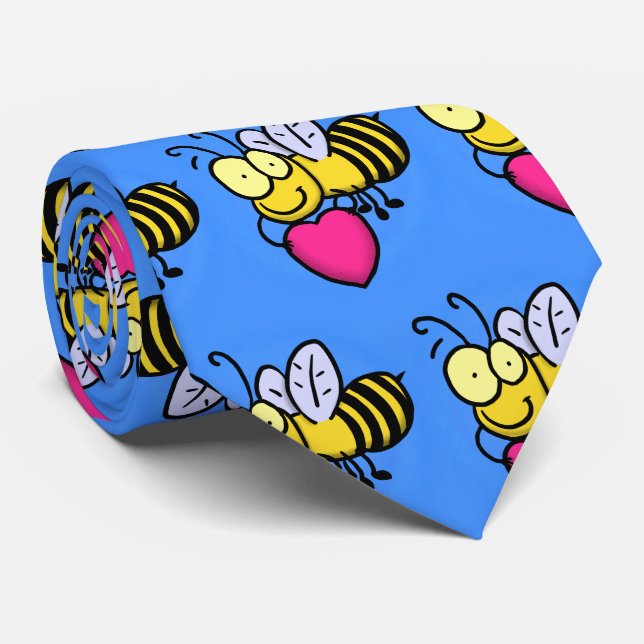 Cute funny bee with heart cartoon illustration tie (Rolled)