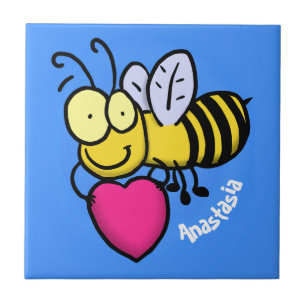 Cute funny bee with heart cartoon illustration tile
