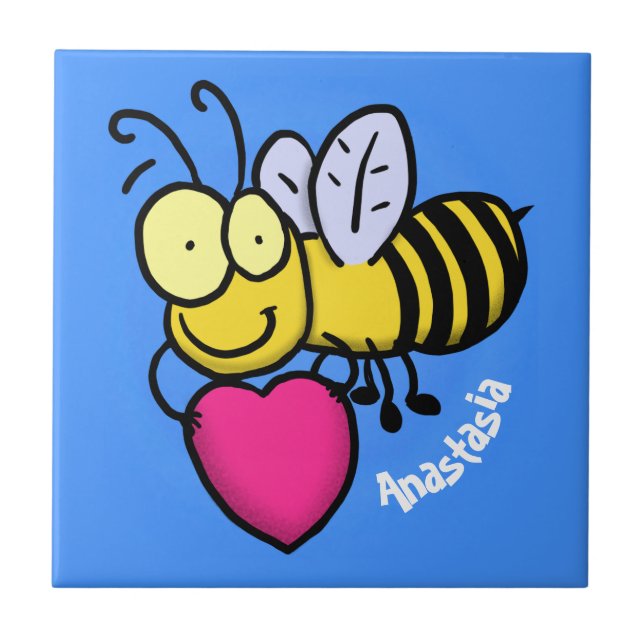 Cute funny bee with heart cartoon illustration tile (Front)