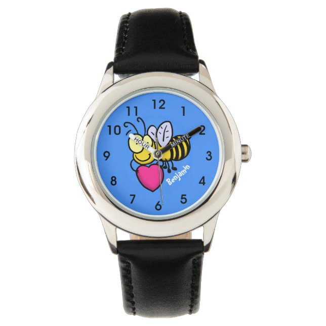 Cute funny bee with heart cartoon illustration watch (Front)