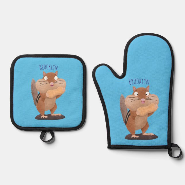 Cute funny big cheeks chipmunk cartoon oven mitt & pot holder set (Front)