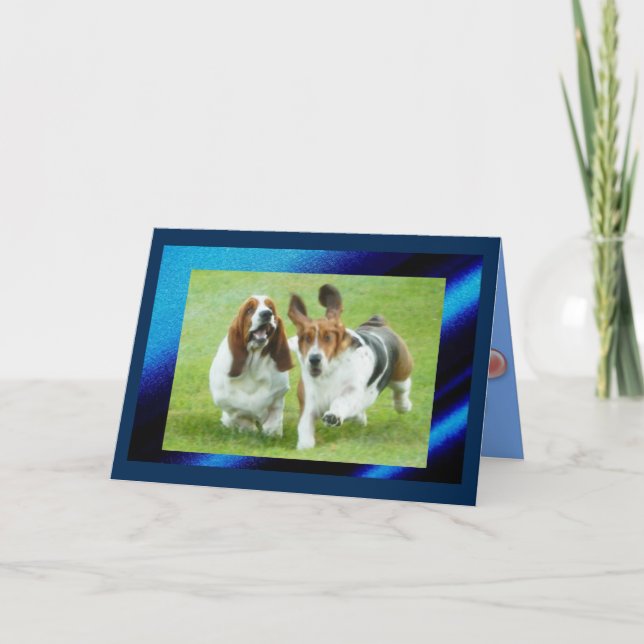 Cute & Funny Birthday Card w/Running Basset Hounds (Front)