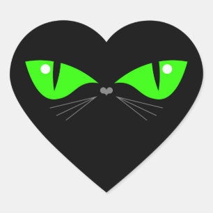 Cute Funny Black Cat Face Green Eyes Whiskers Heart Sticker