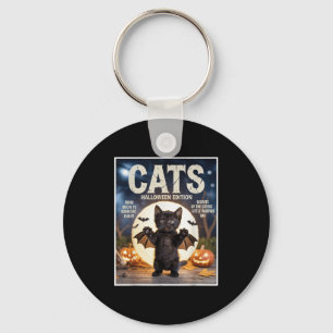 Cute Funny Black Cat In Bat Costume Halloween Zine Keychain