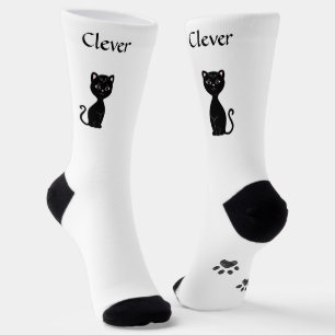 Cute Funny Black Cat & Paws on White Socks