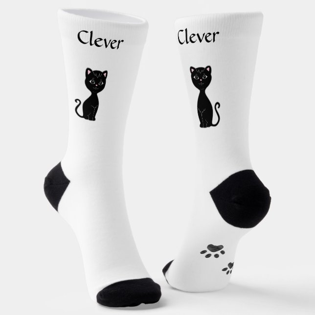 Cute Funny Black Cat & Paws on White Socks (Angled)