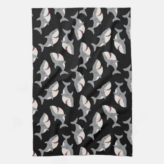 Cute Funny Black Grey Great White Shark Kitchen Towel (Vertical)
