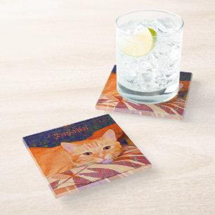 Cute Funny Bright Orange Tabby Cat Glass Coaster