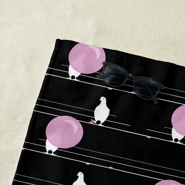 Cute Funny Bubblegum Birds on a Wire Pattern Black Beach Towel (In Situ)
