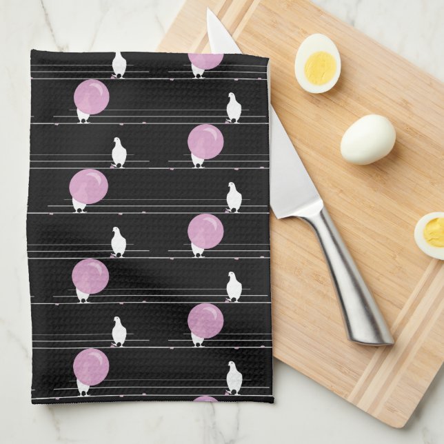 Cute Funny Bubblegum Birds on a Wire Pattern Black Kitchen Towel (Quarter Fold)