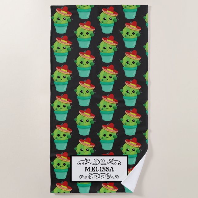 Cute Funny Cactus Pattern Beach Towel (Front)