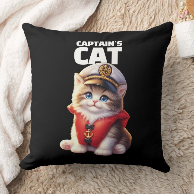 Cute Funny Captain's Cat in a Captain's Hat Throw Pillow (Blanket)