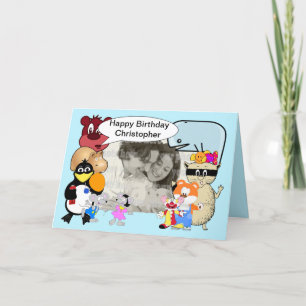 Cute funny cartoon animals on blue card