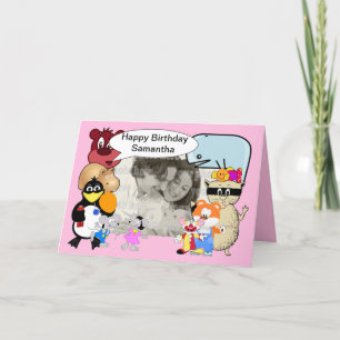 Cute funny cartoon animals on pink card