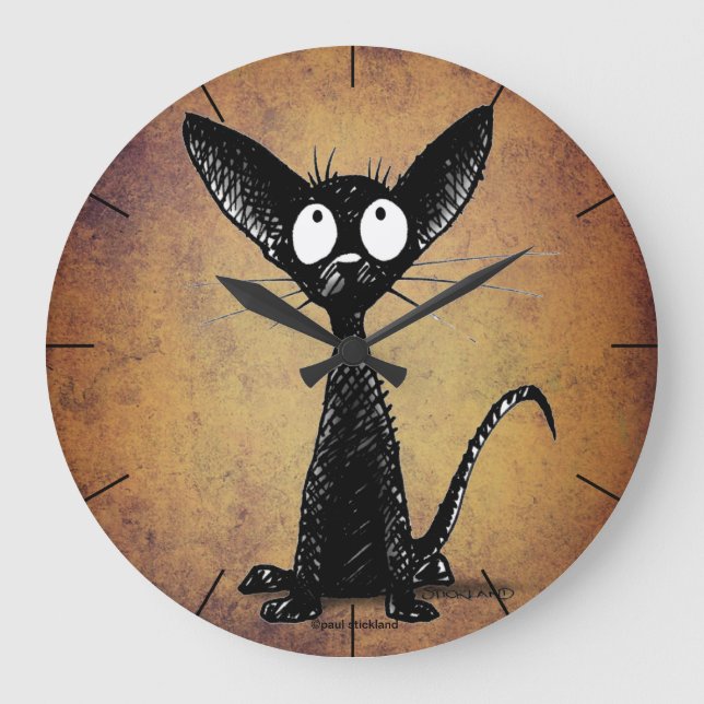 Cute funny cartoon black cat large clock (Front)
