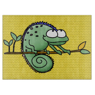 Cute Funny Cartoon Chameleon Green Lizard Cutting Board