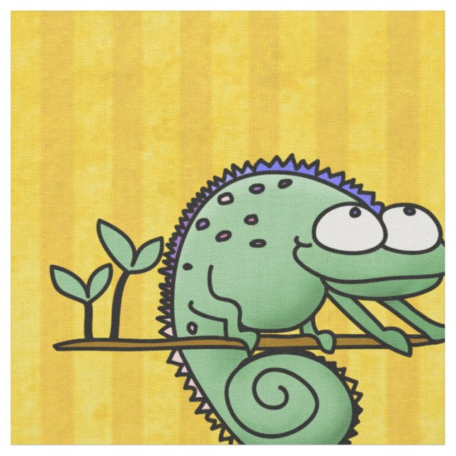 Cute Funny Cartoon Chameleon Green Lizard Fabric (Close Up)