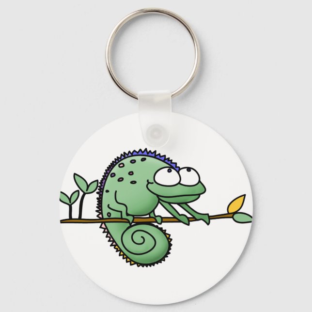 Cute Funny Cartoon Chameleon Green Lizard Keychain (Front)