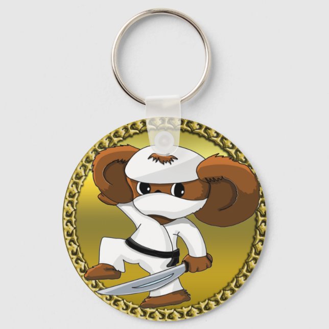 Cute funny cartoon Cheburashka bear with a sword Keychain (Front)