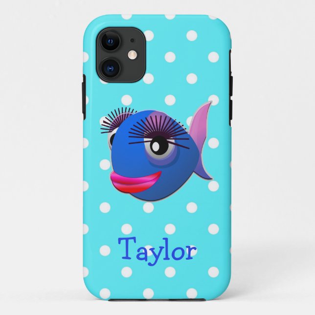 Cute Funny Cartoon Fish Personalized Polka Dots Case-Mate iPhone Case (Back)