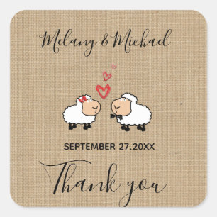 Cute funny cartoon sheep in love burlap Thank you Square Sticker
