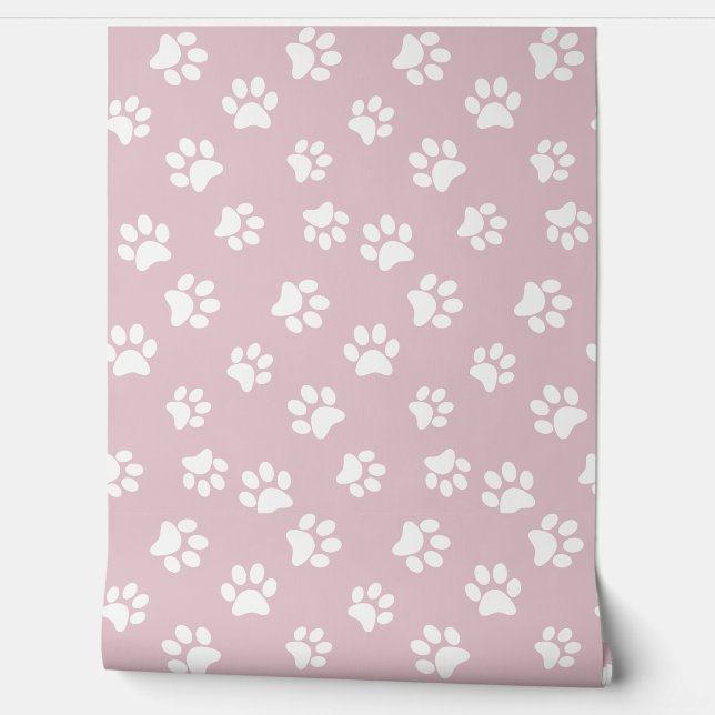   Cute Funny Cat Dog Paw Prints White & Blush Pink Wallpaper (Unrolling)